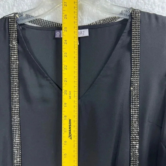 NWT Jennifer Lopez Womens M Black Sheer Blouse Rhinestone Details Bishop Sleeves - Picture 10 of 14